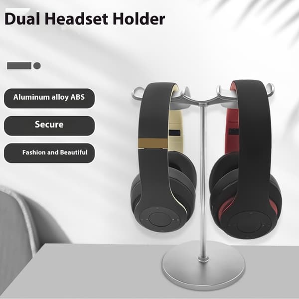 Hörlurshållare Dubbelarm Halkfri Bas Skrivbordsställ för Headset Silver