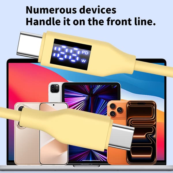 Rask lading 60W USB C til USB C-kabel Silikon datakabel Lang tids bruk Yellow