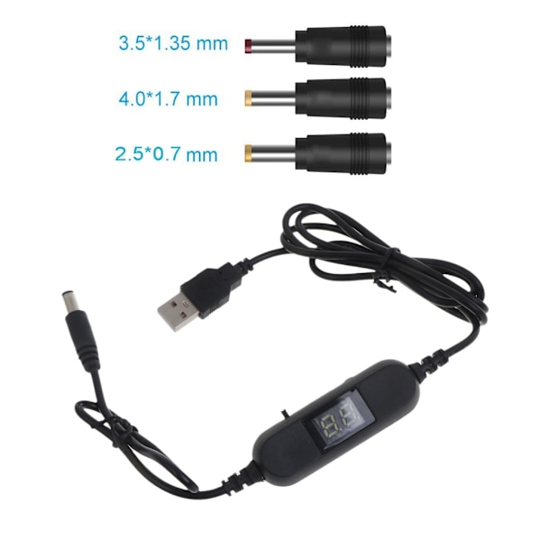 USB 5V till 1.5V 3V 4.5V 6V 7.5V 9V 12V Justerbar Spänningskabel med 2.5mm/3.5mm/4.0mm/5.5mm och LED-display för Leksaker och Spel