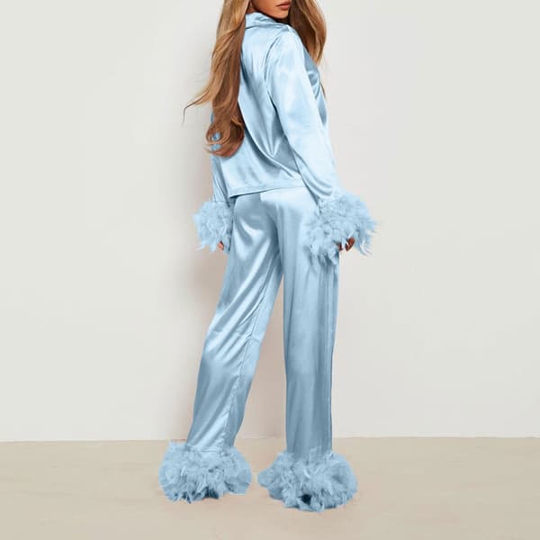 Dame 2-delt langærmet revers skjorte bukser pyjamas sæt søstre søvn Blue M