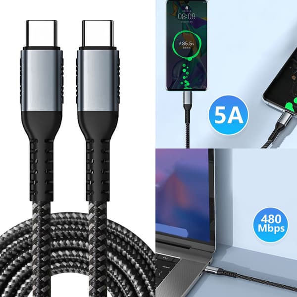 Hurtigopladningskabel 100W USB C til USB C datakabel 480Mbps dataoverførsel 1m