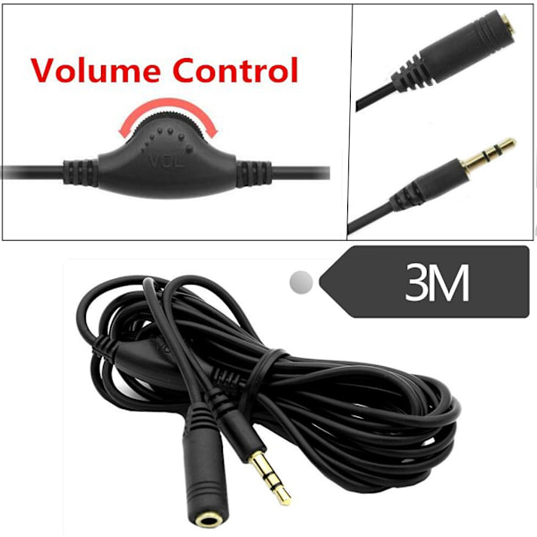 3,5 mm Han till 3,5 mm Hon Adapter 3 meter Dator Kabel med Volymkontroll