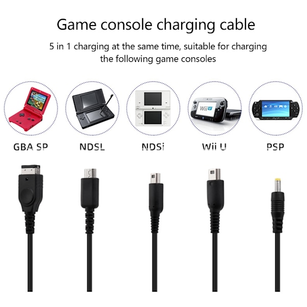 Laddare för NDSL/WiiU/3DS XL 2DS DsiXL för NDS/GBASP/PSP1000 5-i-1 Laddningskabel