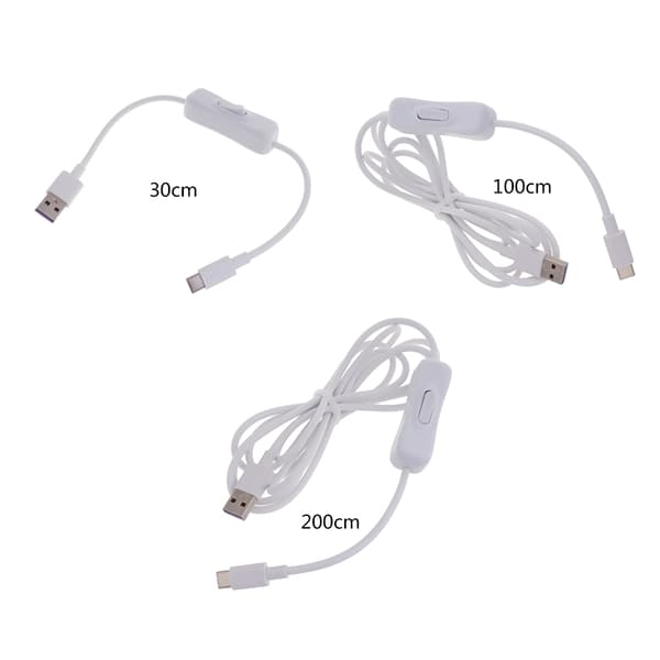 Nopea valkoinen Type-C USB-kaapeli virtakytkimellä puhelimille ja tableteille 30cm