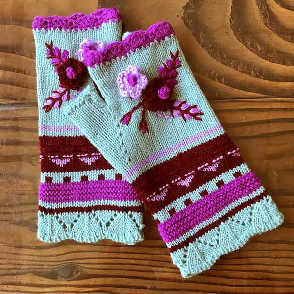 Bløde strikkede fingerløse handsker til kvinder med sødt broderi, vinterhåndledsvarmer Maroon red