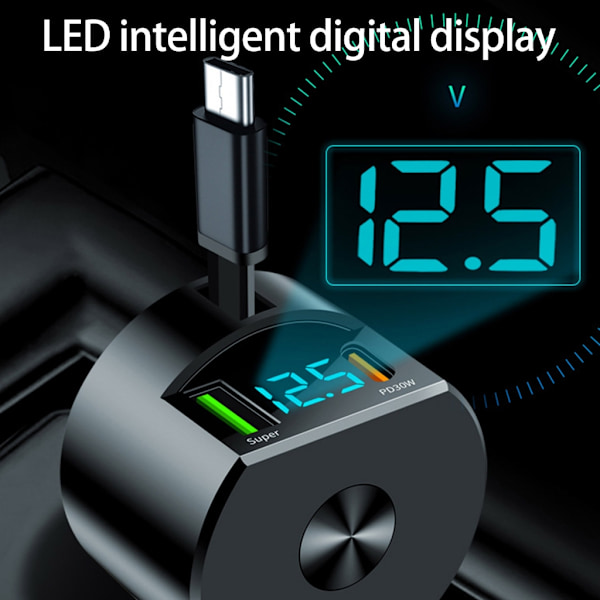 3-i-1 Infällbar Billaddare med Digital Display PD30W Snabbladdning