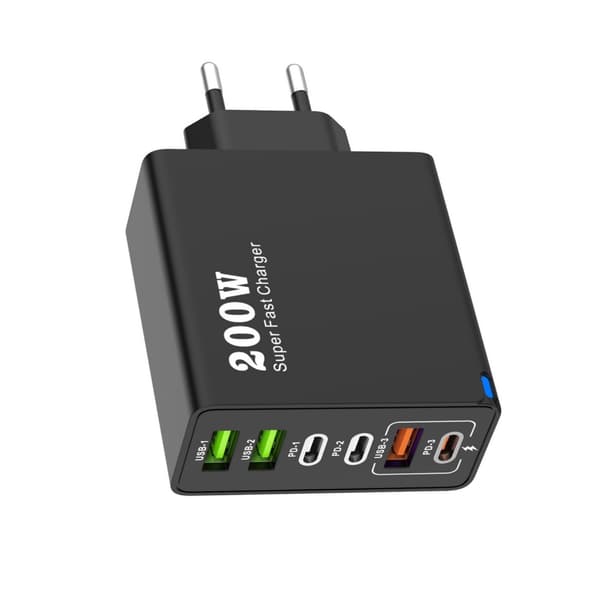 200W Multiportlader 3USB 3PD Hurtigladeadapter for telefoner og bærbare datamaskiner Black EU