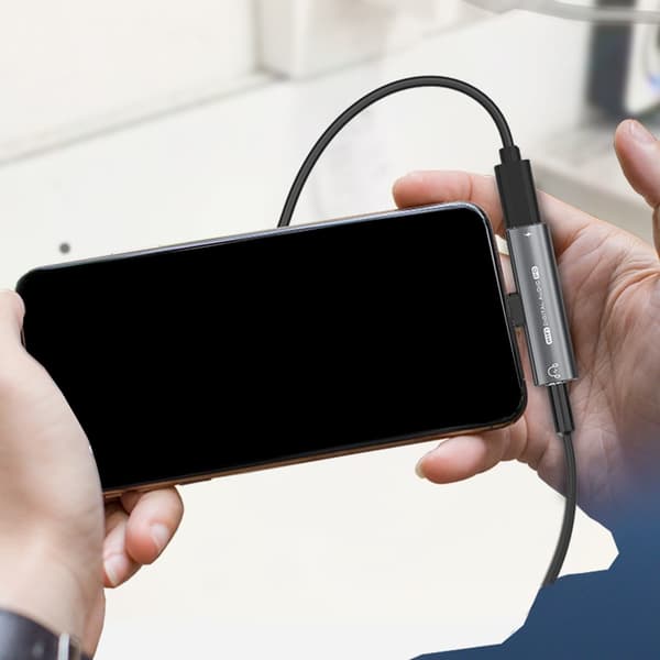 2-i-1 USB C til USB C 3,5 mm hodetelefonadapter 27W strømlading 32Bit/16Bit Grey 16bit