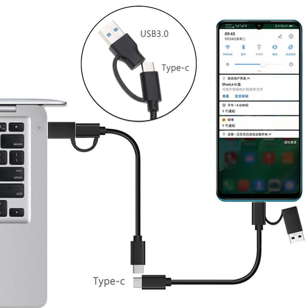 2 i 1 USB-A / C til USB-C-kabel til QC PD hurtigopladning datasynkronisering 10 Gbps til mobiltelefon