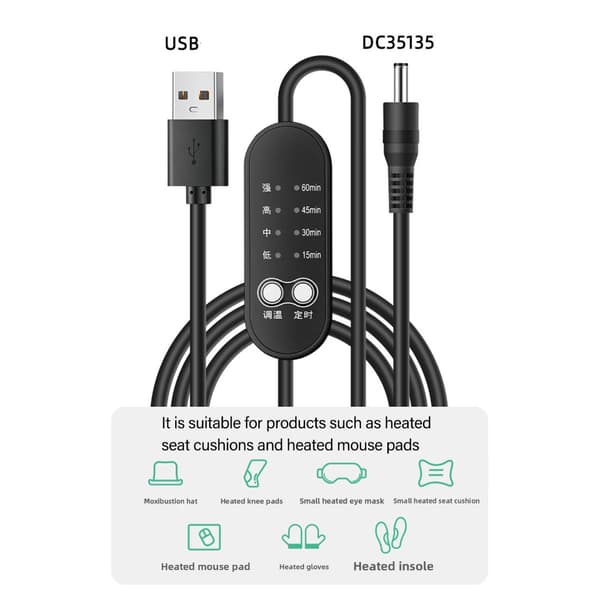 Fleksibel USB til DC35135 ladekabel med timer og temperaturjustering