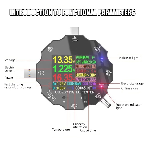 UD18 Mobiltelefoner Laddningstestare Mätinstrument Digital Voltmeter Amperemeter