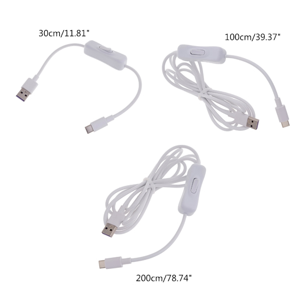 Nopea valkoinen Type-C USB-kaapeli virtakytkimellä puhelimille ja tableteille 2m