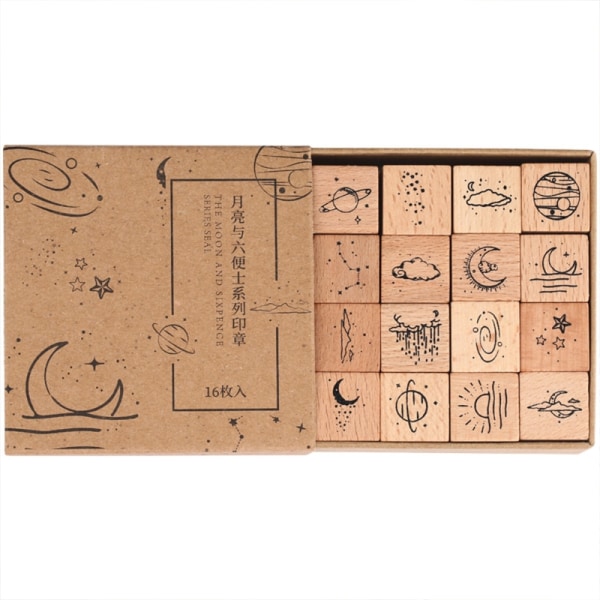 16 delar trä gummistämplar Set Moon och Sixpence Series dekorativa stämplar