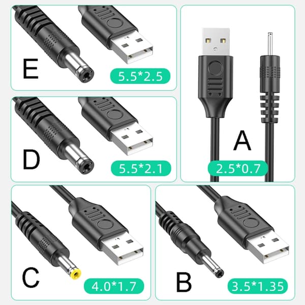 MultiLength USB til DC5V ladekabel for bærbare enheter 5V3A ladekabel 1m - 5.5x2.1mm