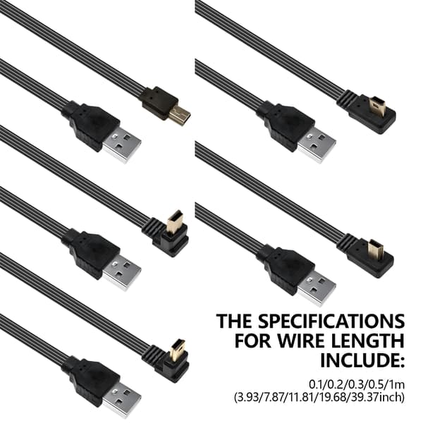 Rettvinklet USB til Mini USB-kabel i silikon, flat ledning egnet for lading 1m Upward bend