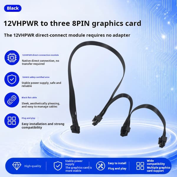 Højstrøms 12VHPWR til tre 8-bens adapterkabel til stabil GPU-strømforsyning i gaming-pc Black