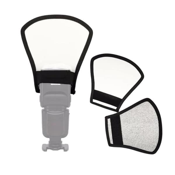 Blitsdiffusorreflektor - Dobbeltsidig sølv/hvit blitsreflektor med elastisk stropp for de fleste speedlight-blitser