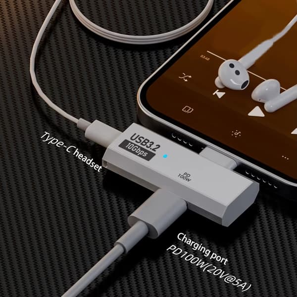 USB C Hörlursladdningsadapter 1 in 2 ut Typ C Adapter 90 Grader USB C 100W Grey