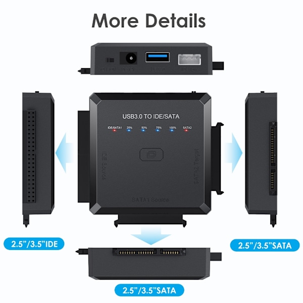 SATA IDE til USB 3.0-adapter, harddiskstik til 2,5\" 3,5\" SATA & IDE SSD HDD harddisk, One-Touch Backup UK