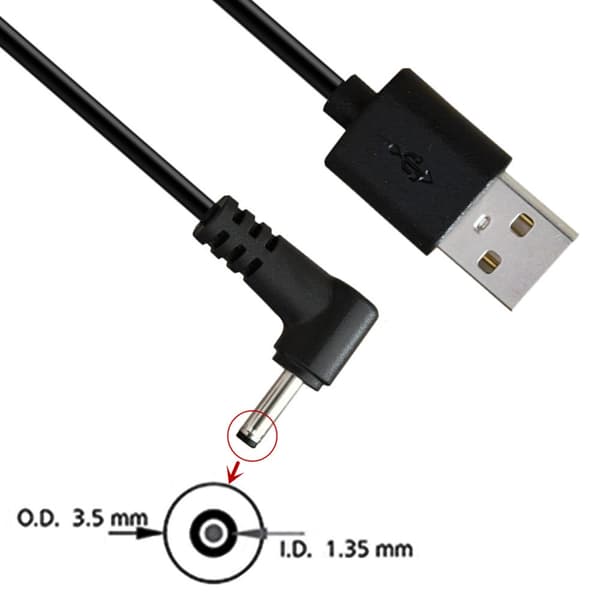25 cm USB - DC5V 3,5x1,35 mm adapteri, kulmapääkaapeli, pikalatausdatakaapeli