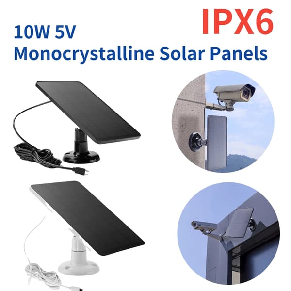 10W Solcellepanel Strømforsyning Trådløst Utendørs Sikkerhetskamera Vanntett 5V MicroUSB-lading Monokrystallinsk Solcellepanel Black