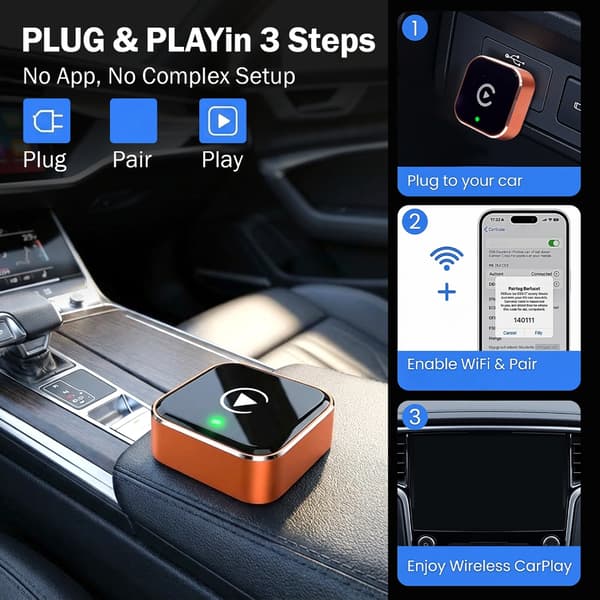 Universal trådløs bilvideoadapter understøtter kablet CarPlay-funktion, hurtig automatisk forbindelse og stabil