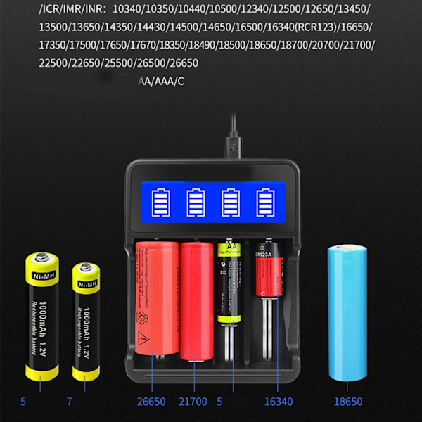 4-fack laddare för uppladdningsbara batterier med LED-display för 18650/AA/AAA
