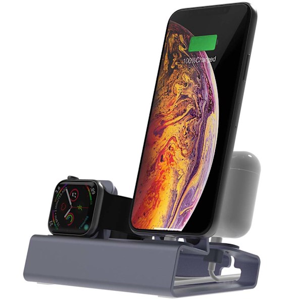 Metallladdningsstativ 3-i-1-laddare för  1/2 för Apple Watch Series 1/2/3/4 Nätadapter 1 st Gray