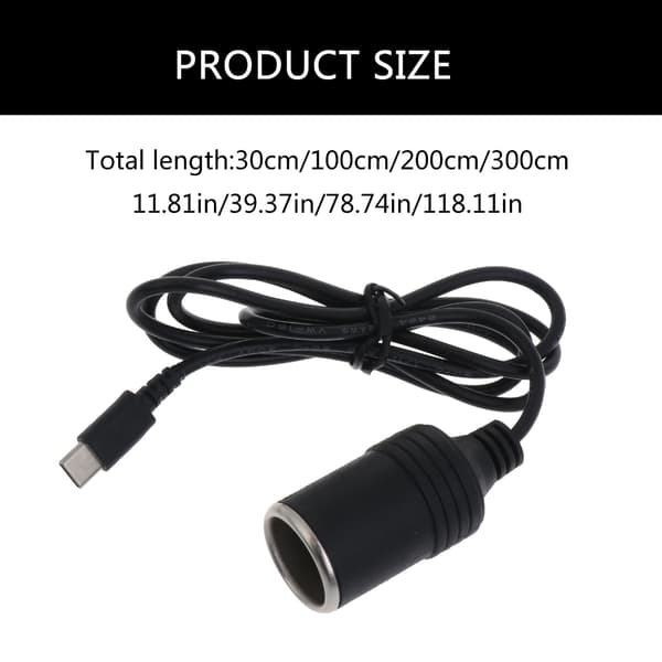 Bil Sigarettenneruttak USB Type C til 12V Opptrappingskabel Inverter Konvertere 30cm