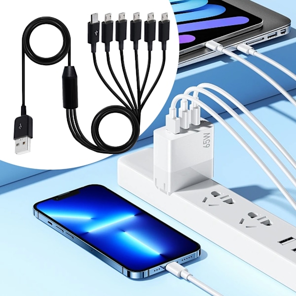 USB 2.0 Typ A Hane till 6 Micro USB Hane Splitter Data Synkronisering och Laddningskontakt 1.5m