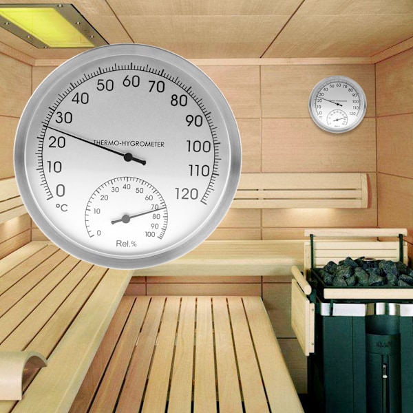 Väggmonterad termometer och hygrometer i rostfritt stål, 5 tum, för inomhus, utomhus och bastu