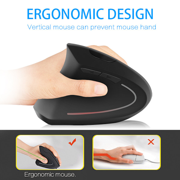 Svart 2.4GHz Mus Vänsterhänt Ergonomisk Vertikal Mus för Dator Laptop PC Rechargeable