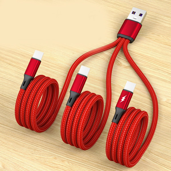 5A Supersnabb Laddningskabel En Drag Tre USB till Type-C Laddningskabel Red 20cm