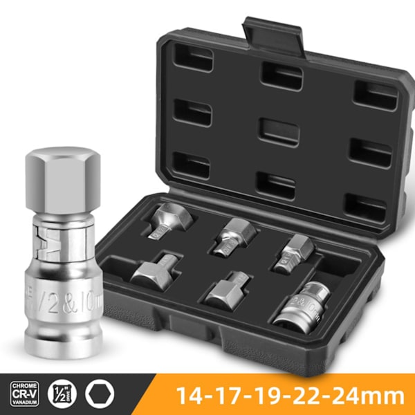 6-delad Hex-bitsats 14/17/19/22/24mm 1/2-tumsx10mm för Elektrisk Skiftnyckel Krom-Vanadium Legering Stål Reparation