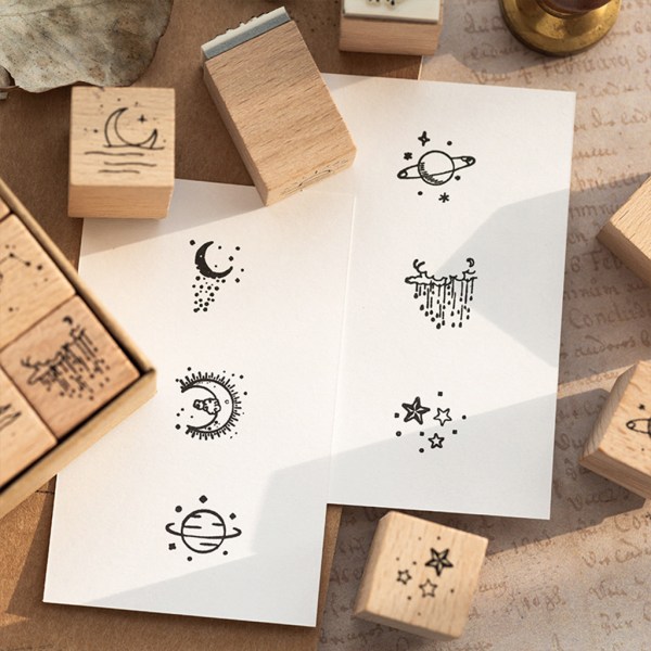 16 delar trä gummistämplar Set Moon och Sixpence Series dekorativa stämplar