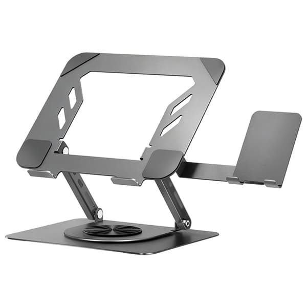 Resevänligt laptopstativ med 360 graders svängbar bas och ventilationshål för värmeavledning