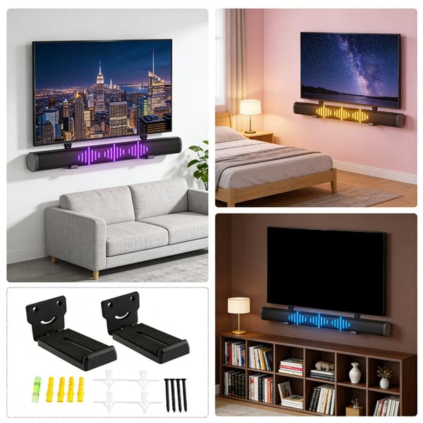 Väggfäste för soundbar i metall med dold kabelhantering och universell för inomhusbruk