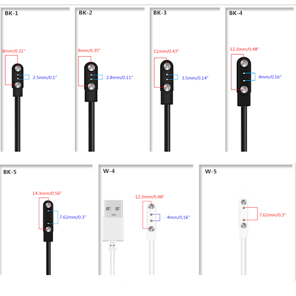 Magnetisk USB Laddningskabel Laddare Ström Fäste Adapter Säkerhet för 2-Pin Klocka White - 7.62mm