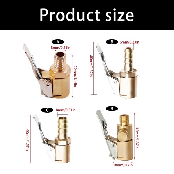 Bil dekk luft chuck oppblåser pumpe ventiler kobling klips-på adapter messing dyse null - C