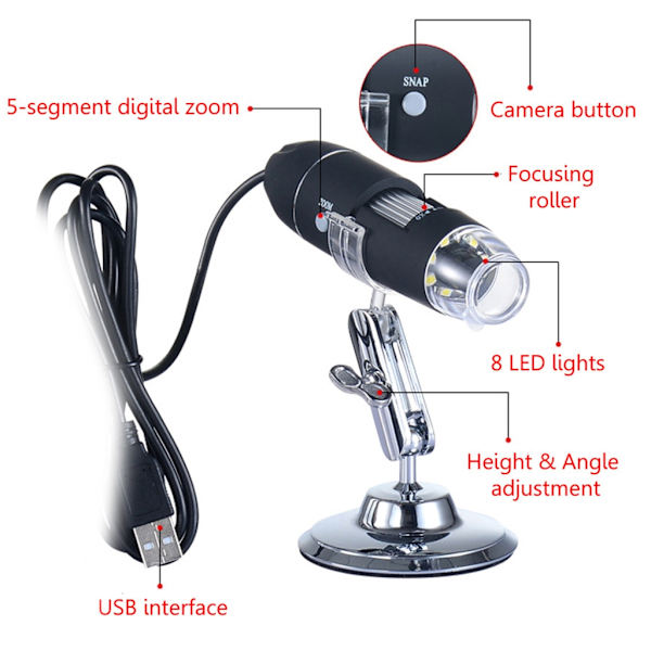 1600X USB Digital Mikroskopkamera Endoskop 8 LED Förstoringsglas med Stativ