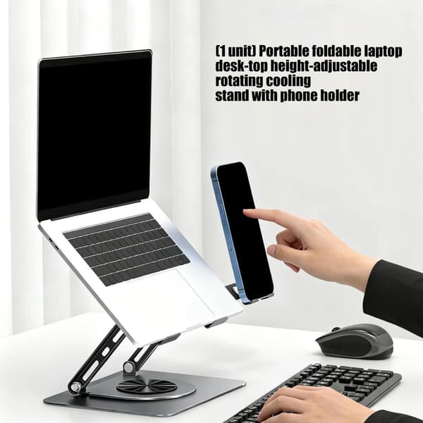 Resevänligt laptopstativ med 360 graders svängbar bas och ventilationshål för värmeavledning