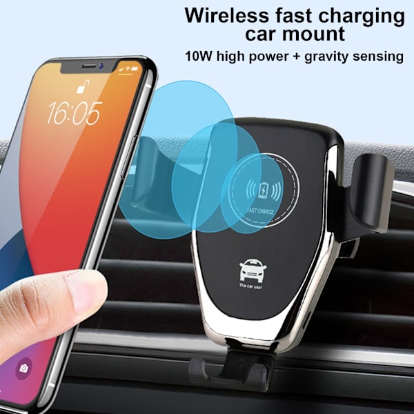 10W Snabbladdning Trådlös Billaddare, Automatisk Klämmande Bilsfäste Luftventil Bilstelefonhållare för Mobiltelefon Black