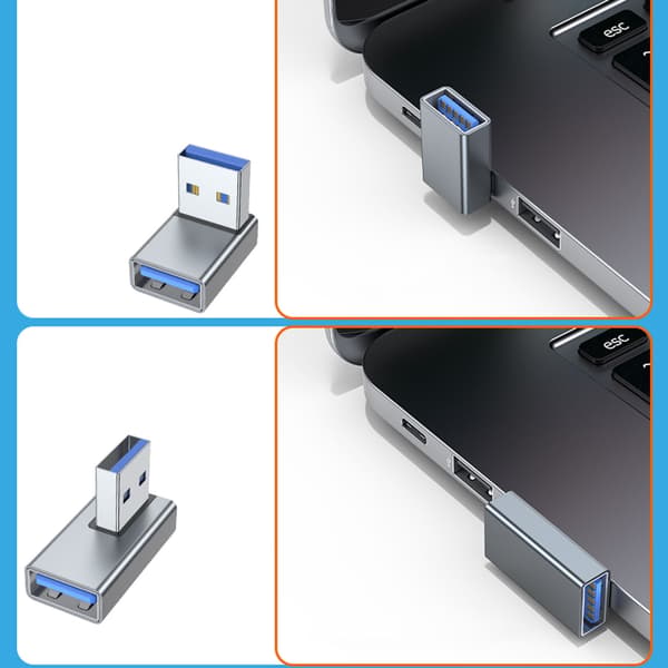 USB Han til Hun Højre Vinkel 90 Graders Drejeadapter USB3.0 Han til Hun Silver up