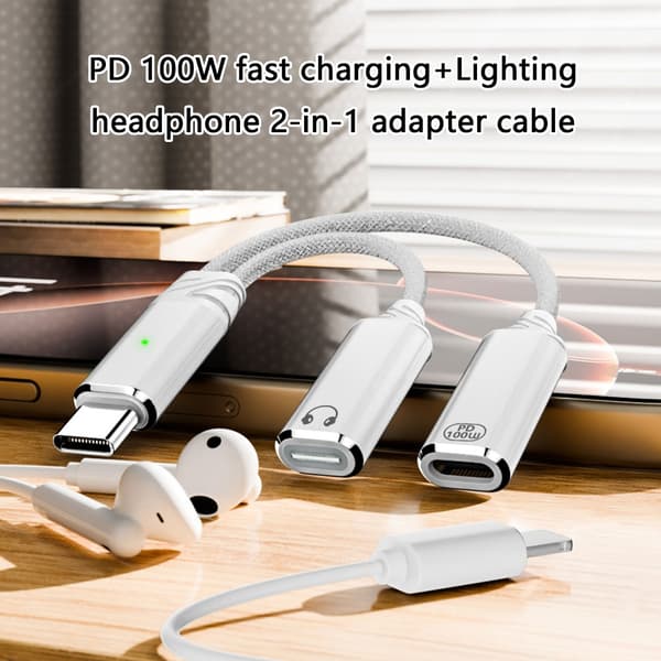 2 I 1 Type C Splitter til Type C USB C Hovedtelefon Lydadapter Opladning Grey A