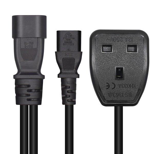 1ft/32cm IEC320 C14 till IEC320 C13+UK13A AC-strömadapterkabel