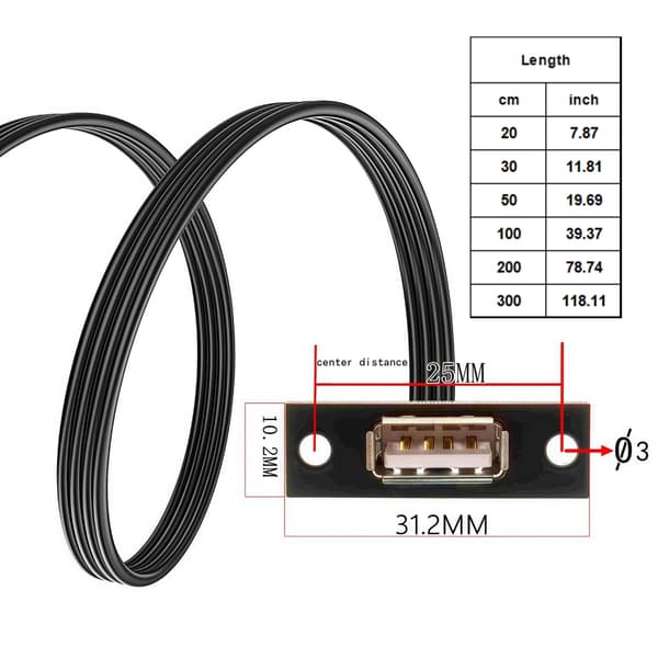Rettvinklet/rett USB 2.0 skjøtekabel panelmontering for plassbesparende oppsett 3m - ST