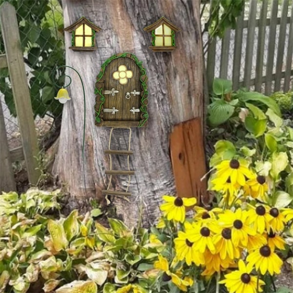 Dockhus Miniatyr Fairy Dörrfönster för träd Glow in The Darks Konst Skulptur Dekoration Miniatyr Fairy Garden