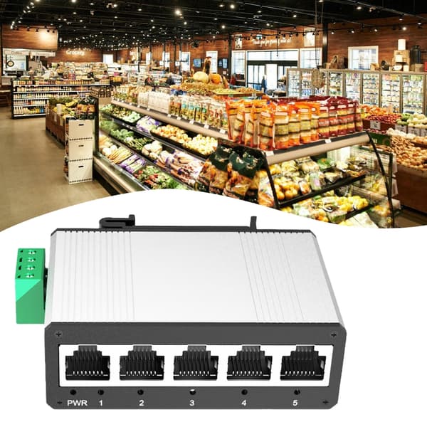 Robust 5-port Ethernet-switchbox för industriell DIN-skenmontering, ohanterad