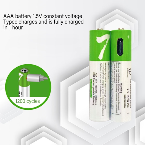 USB AAA Litium Uppladdningsbara Batterier Snabbladdning 1200 Cykler USB C Port 4