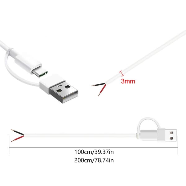 USB C Pigtail 2-leder Kabel USB Type C Han til 2-Pin Ledning DIY Pigtail Kabel 5V 2A Type c USB 2m